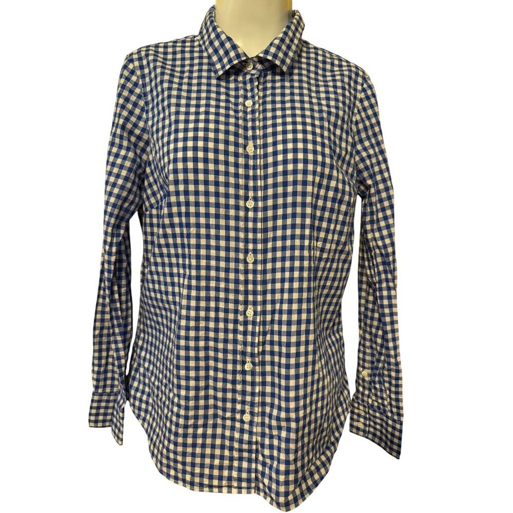 J.Crew Long-sleeve Button-up Women's Shirt Checkered White Blue Preppy‎